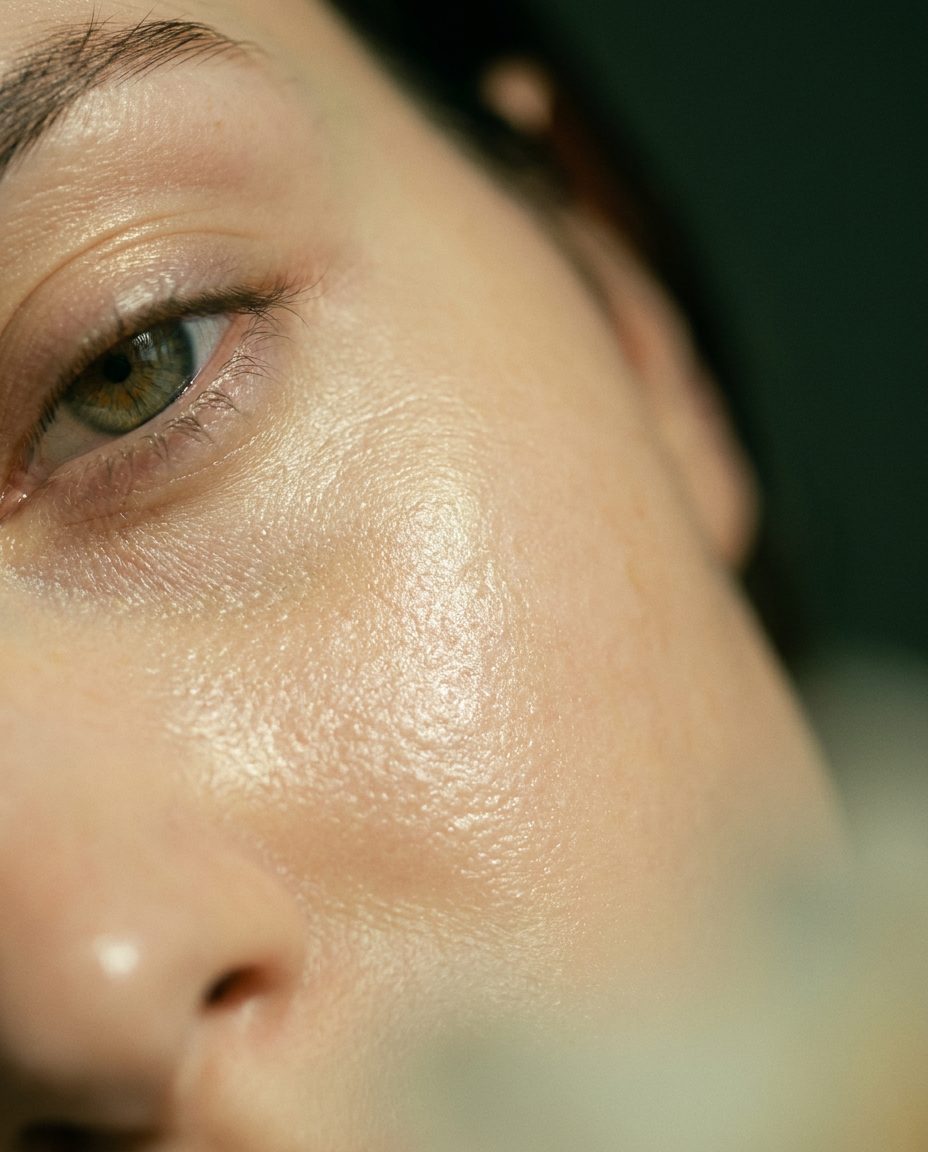 Unretouched close detail of cheek and under-eye skin in raking light