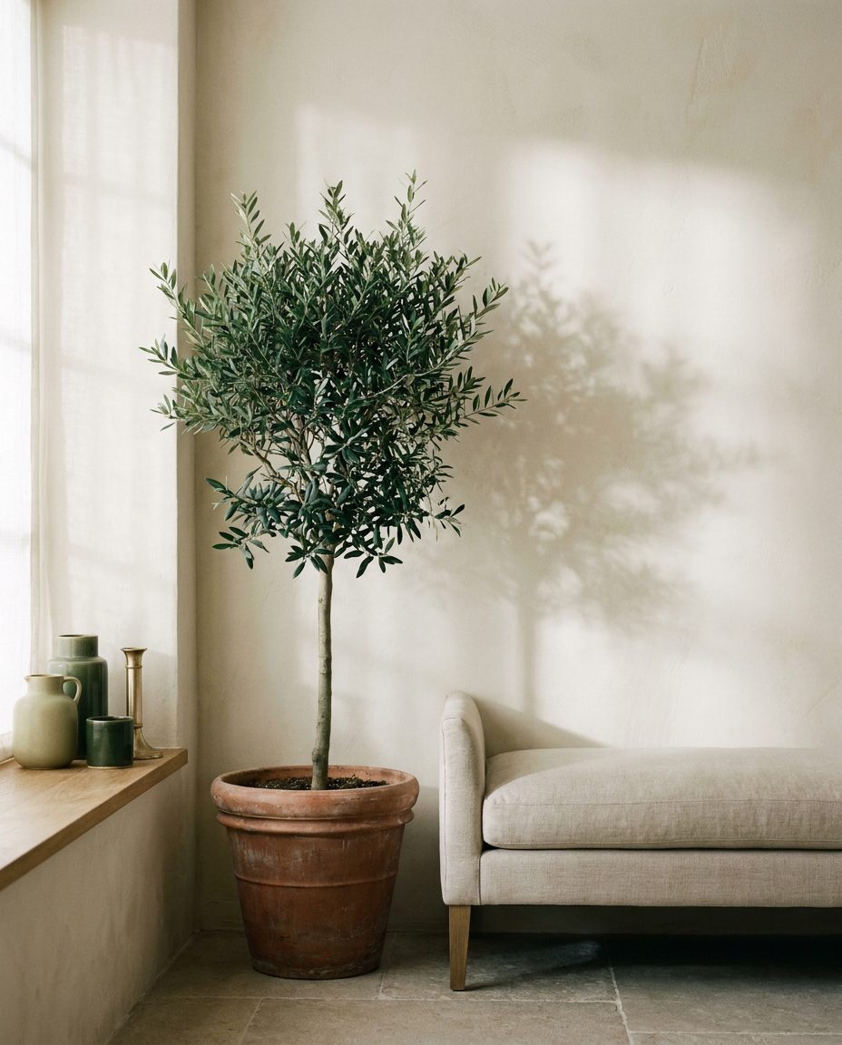 Soft window light, an olive tree and a linen daybed — the calm the studio is designed around